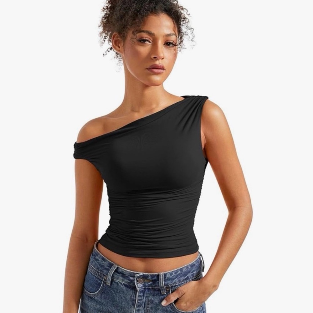 Women’s One-Shoulder Black Ruched Top black medium blouse